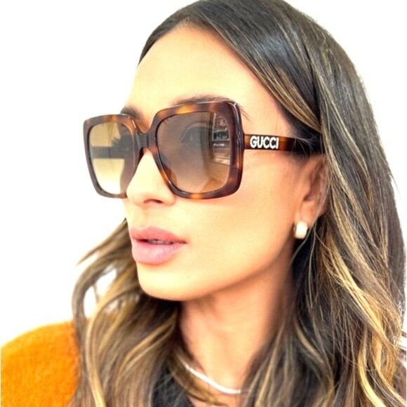 Gucci  GG0418S 003 Rectangular Acetate rhinestone brown Sunglasses -Spotted Turt - Picture 3 of 9